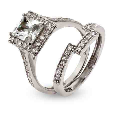 CZ Wedding Set, Style 12-88 feat The Mya Engagement Ring (3.25 TCW Emerald Cut Halo with Vintage Filigree Channel Setting) - Image 3