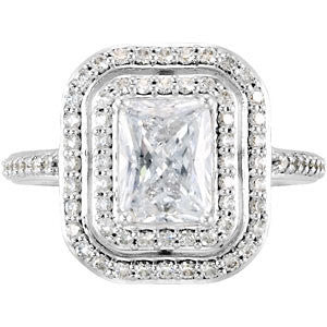 Cubic Zirconia Engagement Ring- The Jessica Mary (Emerald-Cut with Double Halo and Pave Band) - Image 3