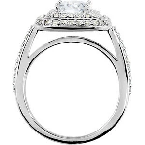 Cubic Zirconia Engagement Ring- The Jessica Mary (Emerald-Cut with Double Halo and Pave Band) - Image 4