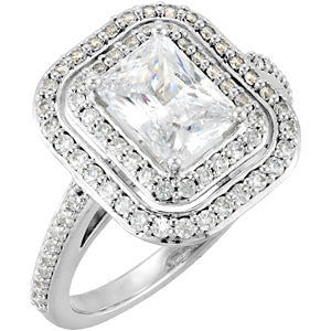 Cubic Zirconia Engagement Ring- The Jessica Mary (Emerald-Cut with Double Halo and Pave Band) - Image 5