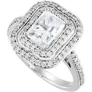 Cubic Zirconia Engagement Ring- The Jessica Mary (Emerald-Cut with Double Halo and Pave Band) - Image 7