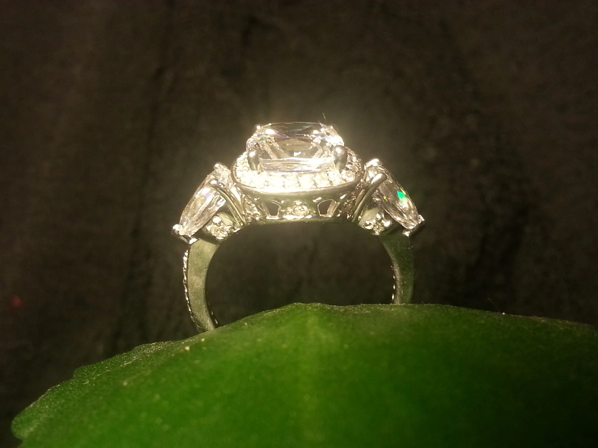 Cubic Zirconia Engagement Ring- The Lori Blue (4.14 Carat TCW Cushion Cut Halo with Pear Cut and Pave Accents) - Image 11