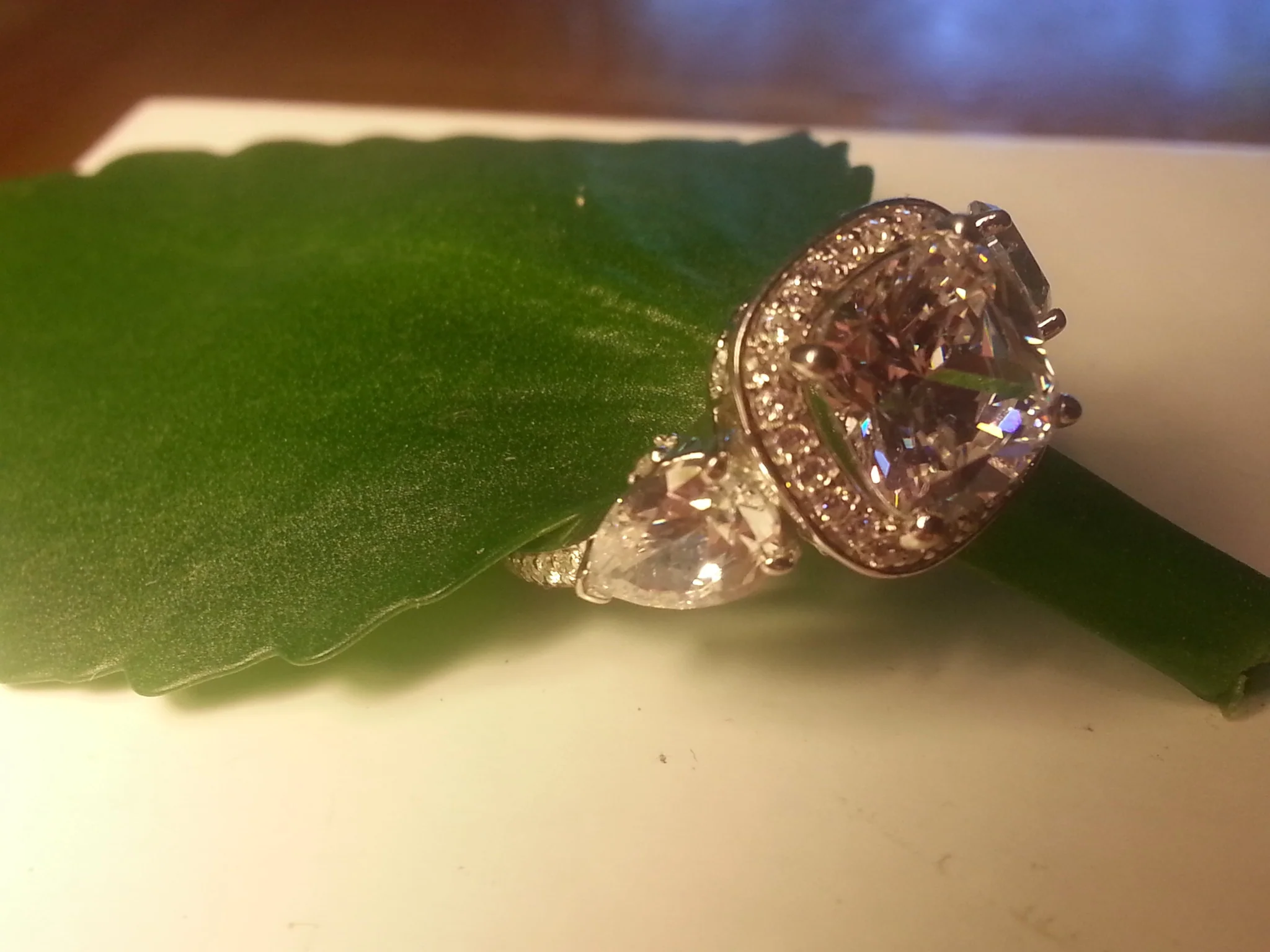 Cubic Zirconia Engagement Ring- The Lori Blue (4.14 Carat TCW Cushion Cut Halo with Pear Cut and Pave Accents) - Image 7