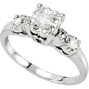 Cubic Zirconia Engagement Ring- The Deedee (0.21 Carat 3-stone Round Vintage Design) - Image 2
