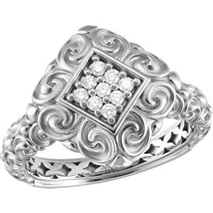 Cubic Zirconia Engagement Ring- The Denise (Sculpture-Inspired Filigreed Cluster Halo with Engraved Band) - Image 2