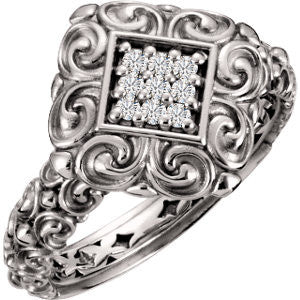 Cubic Zirconia Engagement Ring- The Denise (Sculpture-Inspired Filigreed Cluster Halo with Engraved Band) - Image 4