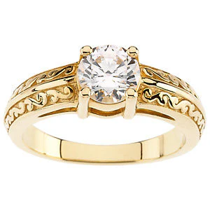 Cubic Zirconia Engagement Ring- The Jasmine (1 Carat Engraved Scroll Design Solitaire) - Image 2