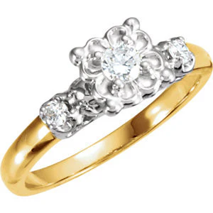 Cubic Zirconia Engagement Ring- The Sabine (0.16 Carat 3-stone Rount-cut Vintage Two-Tone) - Image 2