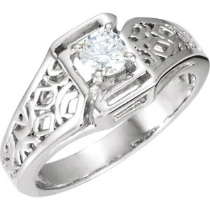 Cubic Zirconia Engagement Ring- The Tia (0.25 CT Round Cathedral-Set Solitaire with Wide Geometric-inspired Band) - Image 2