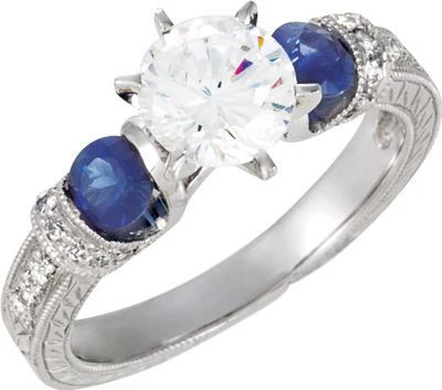 Cubic Zirconia Engagement Ring- The ________ Naming Rights 69-825 (Customizable Vintage with Engraved Band and Blue Sapphire Accents) - Image 3