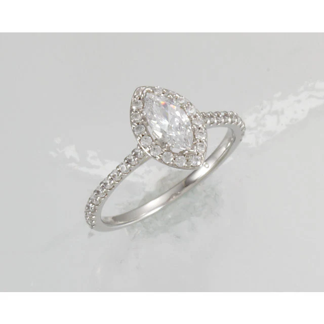 Cubic Zirconia Engagement Ring- The Cheresa (Marquise-Cut Halo-Style with Twin Bezel-Set Peekaboos & Pave Band) - Image 5