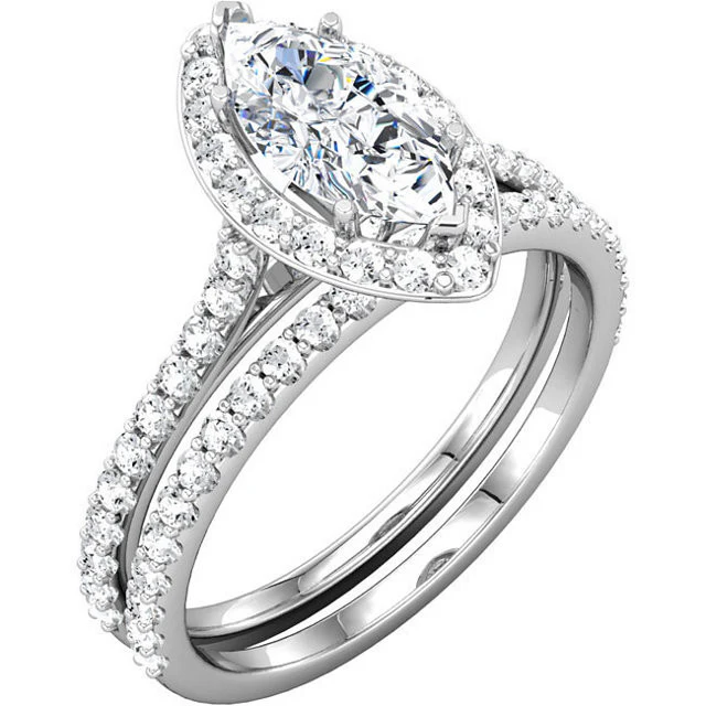 Cubic Zirconia Engagement Ring- The Cheresa (Marquise-Cut Halo-Style with Twin Bezel-Set Peekaboos & Pave Band) - Image 6
