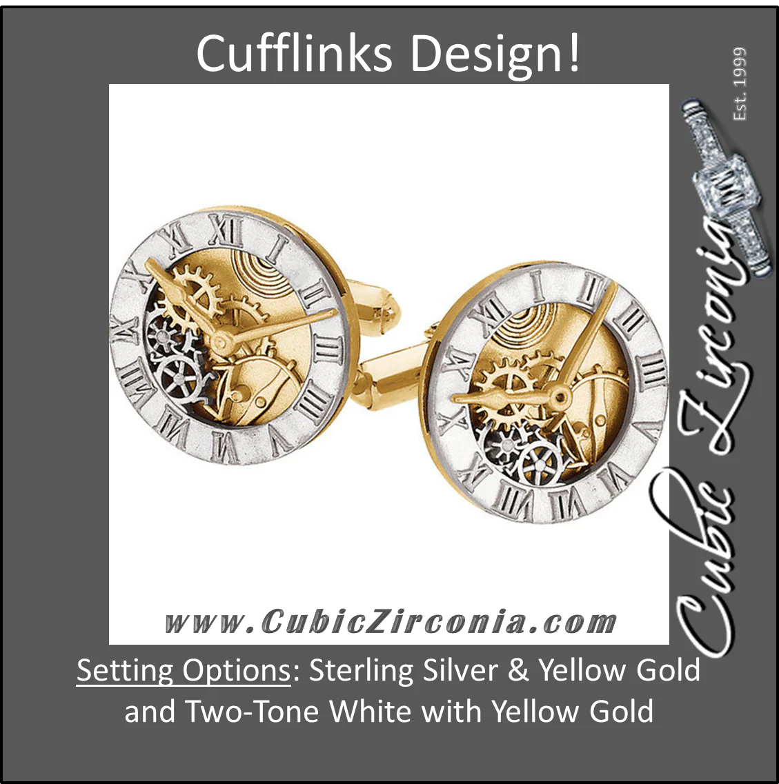 Men’s Cufflinks- 14K Gold Two-Tone Clock Design with Over-sized Setting