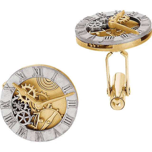 Men’s Cufflinks- 14K Gold Two-Tone Clock Design with Over-sized Setting - Image 2