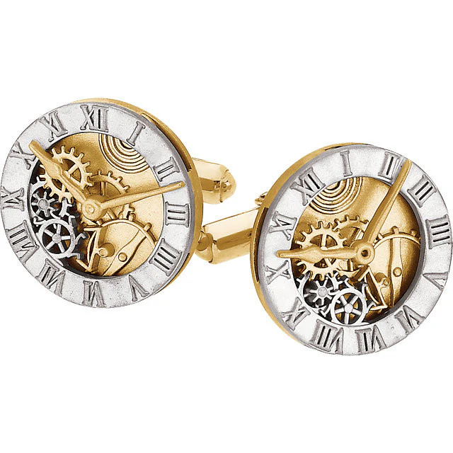 Men’s Cufflinks- 14K Gold Two-Tone Clock Design with Over-sized Setting - Image 3