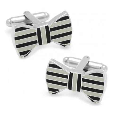 Men’s Cufflinks- Black and Grey Enameled Horizontal Striped Bowties - Image 2