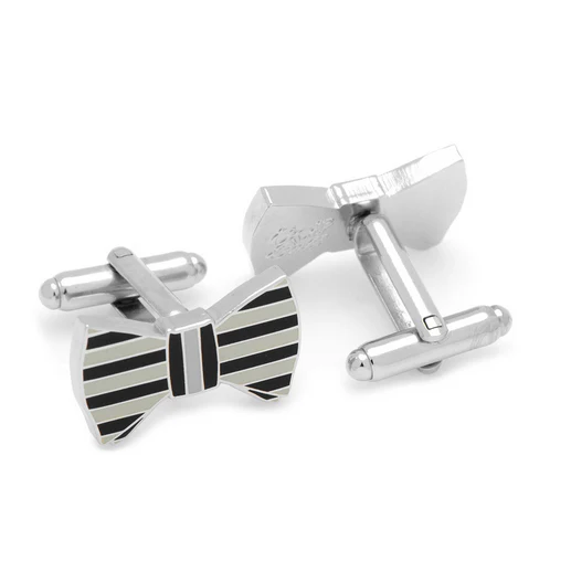 Men’s Cufflinks- Black and Grey Enameled Horizontal Striped Bowties - Image 3
