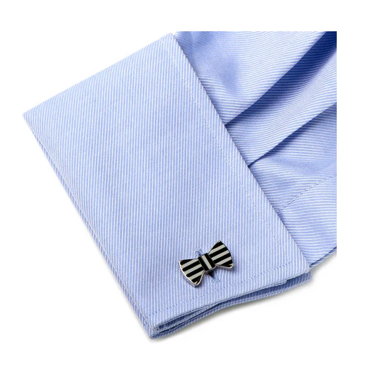 Men’s Cufflinks- Black and Grey Enameled Horizontal Striped Bowties - Image 4