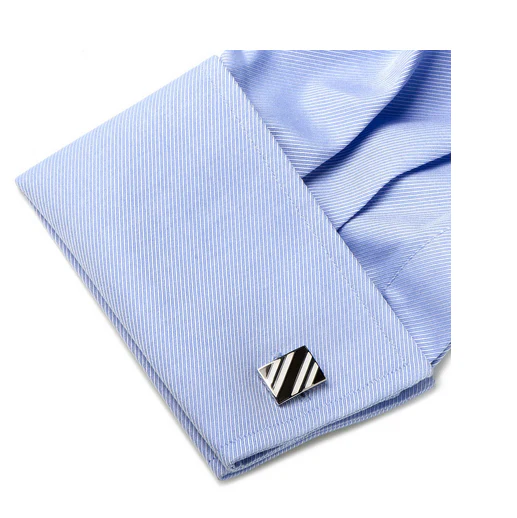 Men’s Cufflinks- Black and White Rectangle Repp Stripe - Image 4