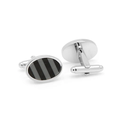 Men’s Cufflinks- Black/Grey Hematite & Onyx Diagonal Striped - Image 3