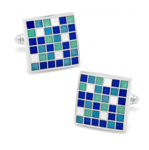 Men’s Cufflinks- Blue Mosaic Checker Board Design - Image 2