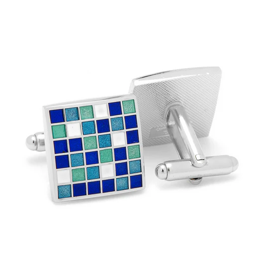Men’s Cufflinks- Blue Mosaic Checker Board Design - Image 3