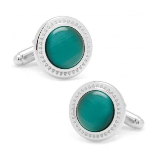 Men’s Cufflinks- Emerald Green Catseye with Etched Circular Border - Image 2
