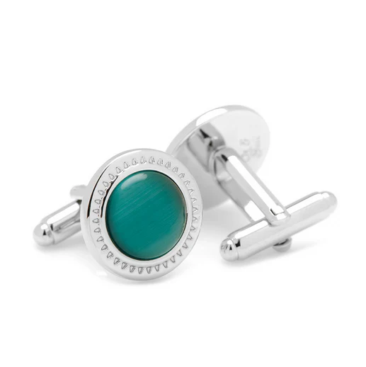 Men’s Cufflinks- Emerald Green Catseye with Etched Circular Border - Image 3
