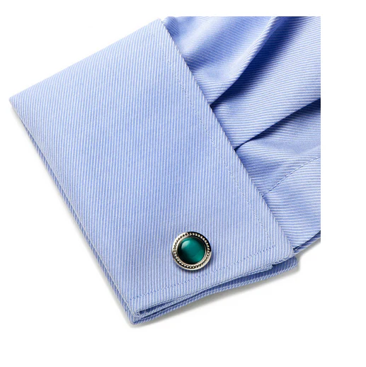 Men’s Cufflinks- Emerald Green Catseye with Etched Circular Border - Image 4