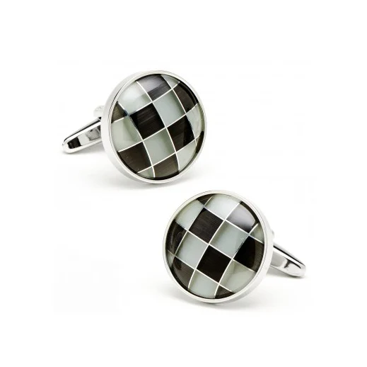 Men’s Cufflinks- Silver Plated Grey Catseye Checkered Design - Image 2