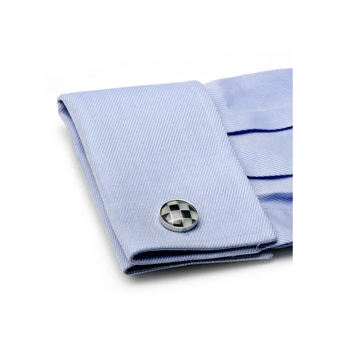 Men’s Cufflinks- Silver Plated Grey Catseye Checkered Design - Image 4