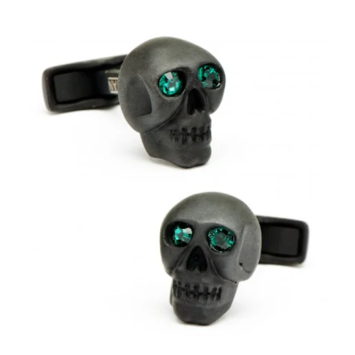 Men’s Cufflinks- Matte Black Eye Skull (set with green emerald crystals for eyes) - Image 3