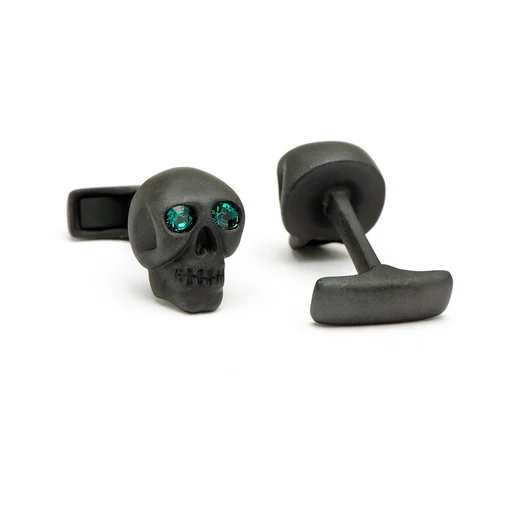 Men’s Cufflinks- Matte Black Eye Skull (set with green emerald crystals for eyes) - Image 4