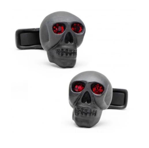 Men’s Cufflinks- Matte Black Skulls (set with ruby red crystals for eyes) - Image 3