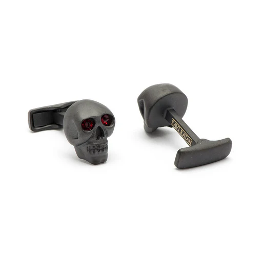 Men’s Cufflinks- Matte Black Skulls (set with ruby red crystals for eyes) - Image 4