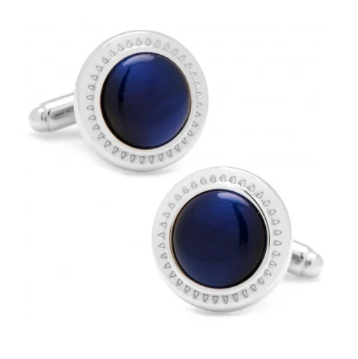 Men’s Cufflinks- Navy Blue Catseye with Etched Circular Border - Image 2