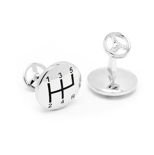 Men’s Cufflinks- Palladium Plated Gear Shifter with Steering Wheel Backing - Image 3