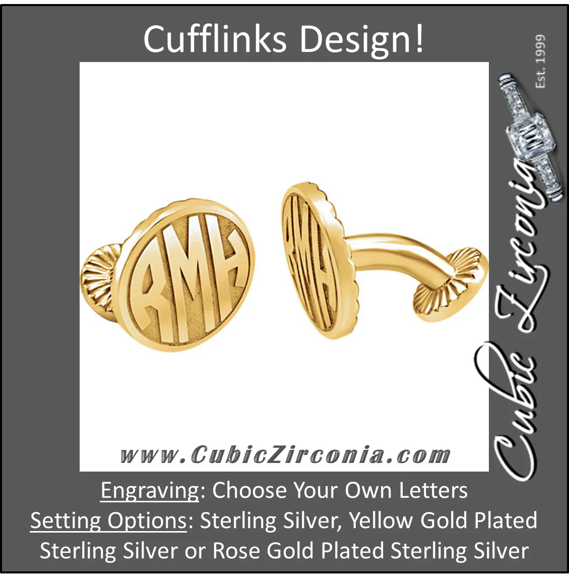 Men’s Cufflinks- Personalizable Initials 3-Letter Fancy Block Monogram (16.5x16.5mm)