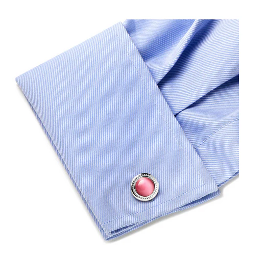 Men’s Cufflinks- Pink Catseye with Etched Circular Border - Image 4