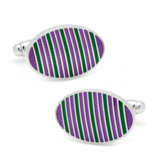Men’s Cufflinks- Purple and Green Oval Repp Stripe - Image 2