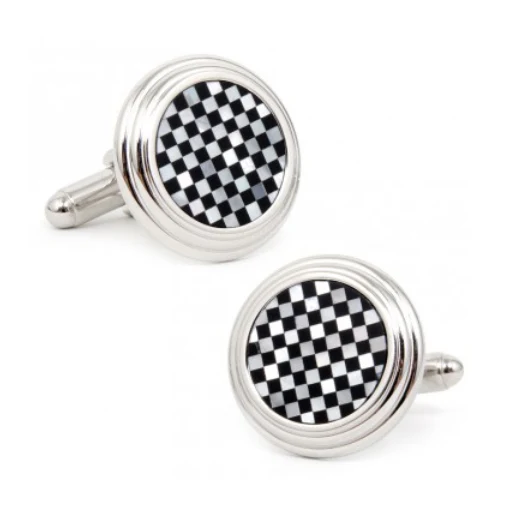 Men’s Cufflinks- Silver Plated Onyx and Mother of Pearl Checkered Design - Image 2
