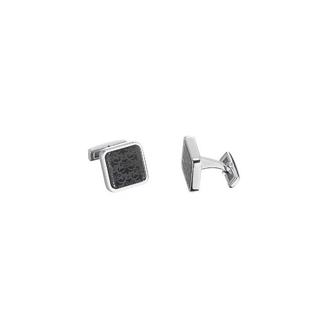 Men’s Cufflinks- Square Stainless Steel Black "Stamp Style" Fleur-de-Lis Design - Image 2