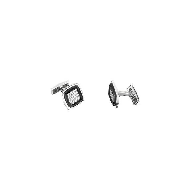 Men’s Cufflinks- Stainless Steel Rectangular Shape with Black Enamel Inlay and Textured Center - Image 2