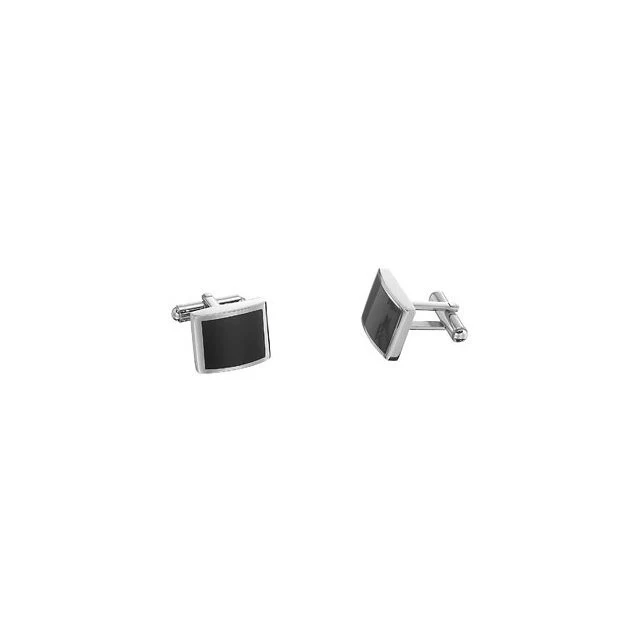 Men’s Cufflinks- Stainless Steel Rounded Rectangle with Black Enamel - Image 2