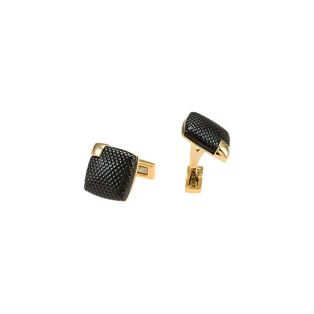 Men’s Cufflinks- Stainless Steel with Black Pebbled Enamel and Small Yellow Gold Immerse Plated Accent - Image 2