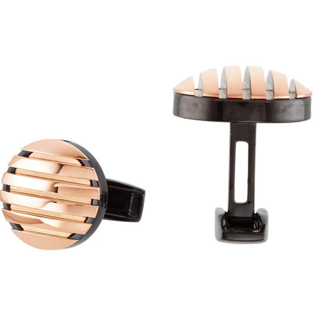 Men’s Cufflinks- Stainless Steel with Rose Gold Immerse Plating Stripes - Image 3