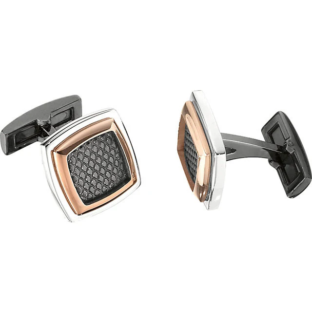 Men’s Cufflinks- Stainless Steel with Textured Black Enamel Inlay and Rose Gold Immersion Plating - Image 2