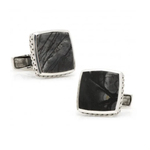 Men’s Cufflinks- Sterling Silver Classic with Scaled Picasso Stone - Image 3