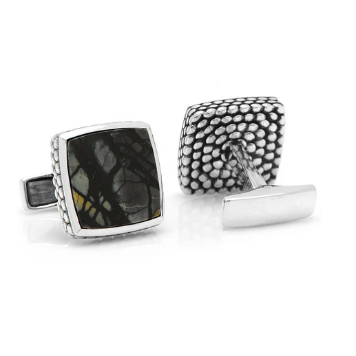 Men’s Cufflinks- Sterling Silver Classic with Scaled Picasso Stone - Image 4