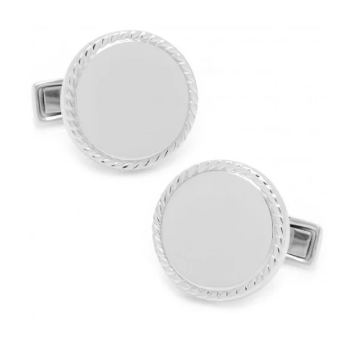 Men’s Cufflinks- Sterling Silver Engravable Circles with Rope Style Border - Image 3